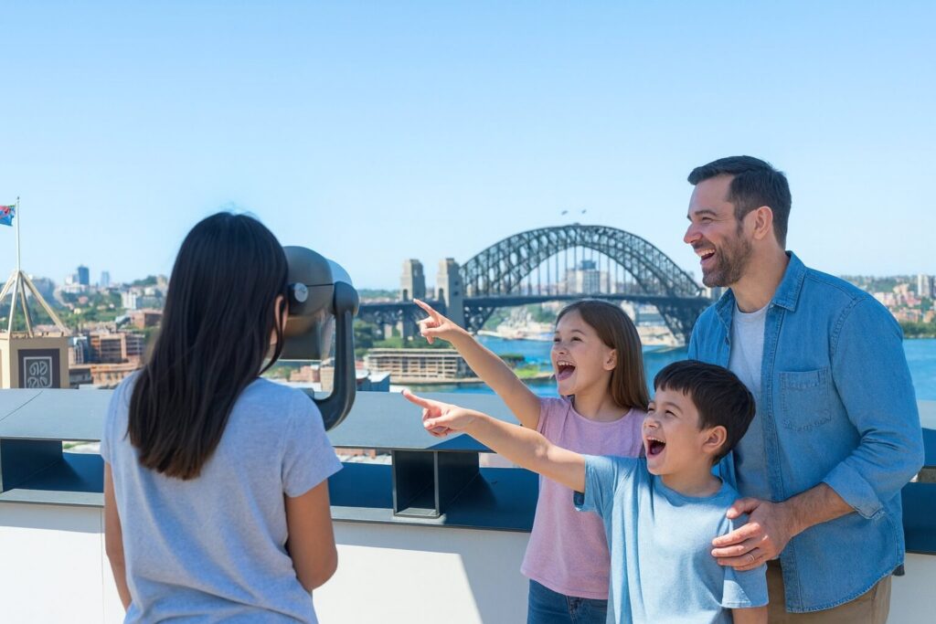 A family on the rooftop terrace of YHA Sydney Harbour