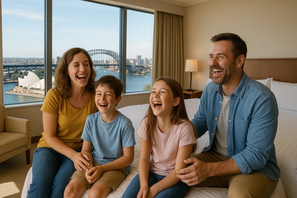 A joyful family laughing