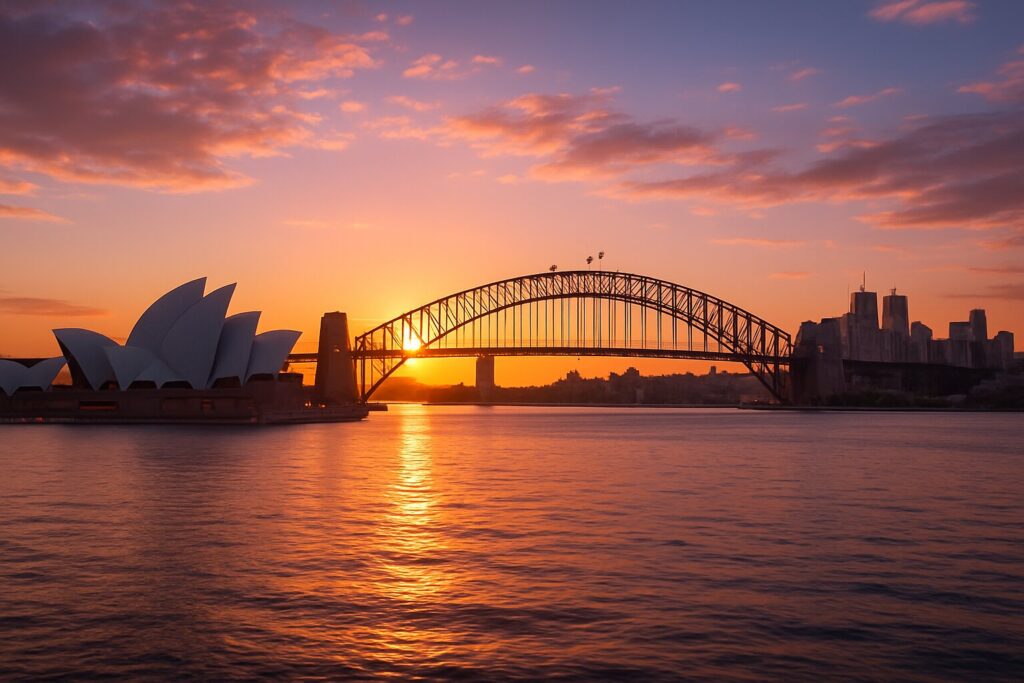Sydney Harbour at sunset, featuring the Opera House and Harbour Bridge