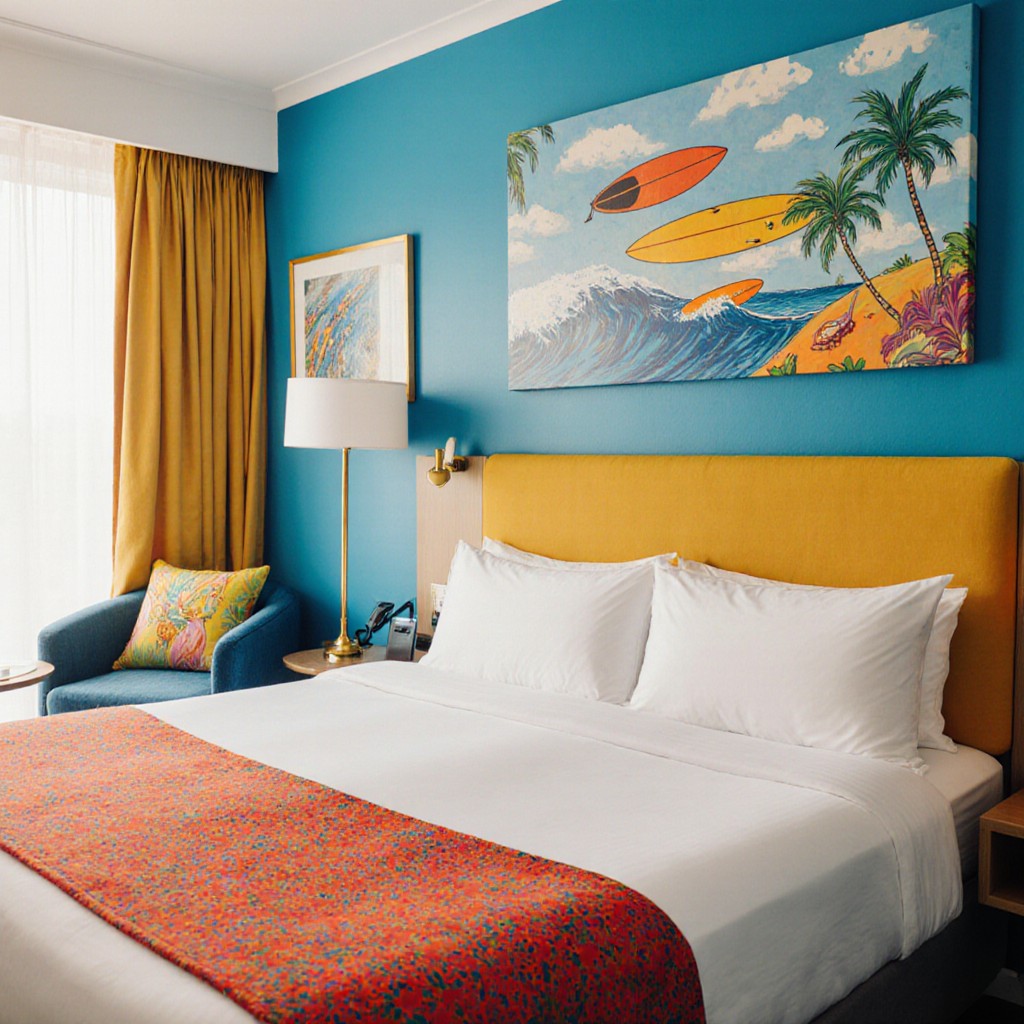 A quirky, colorful hotel room interior at QT Bondi, with surf-inspired art.