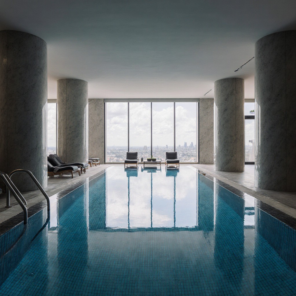 The stunning, cavernous indoor swimming pool at SKYE Suites Sydney